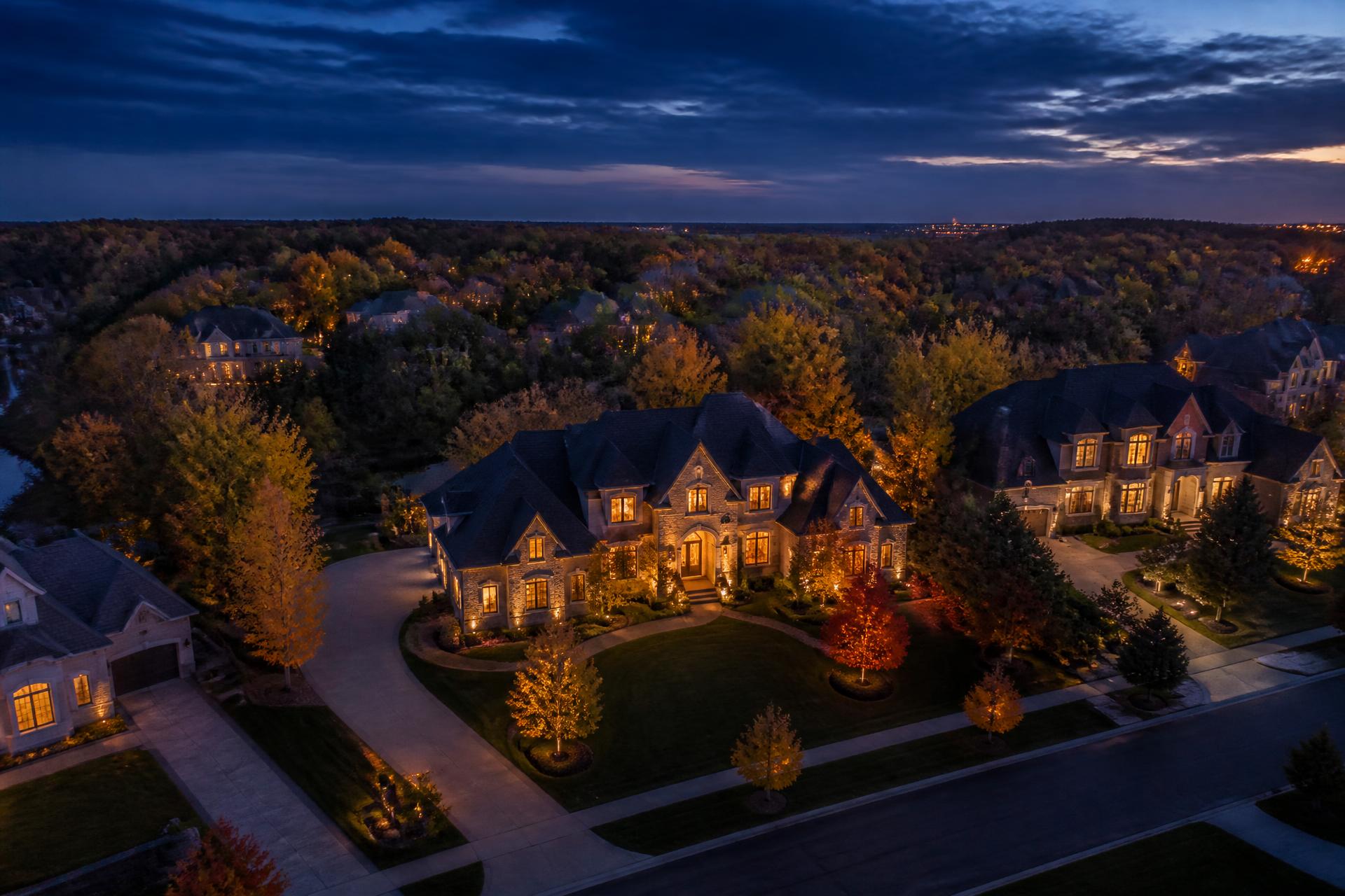 Upscale Michigan neighborhood at dusk