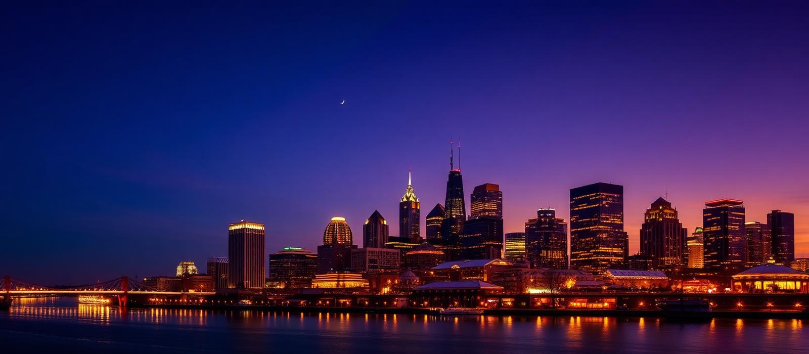 Detroit Michigan skyline at dusk